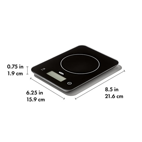 OXO Good Grips glass scale with backlit display for easy reading.