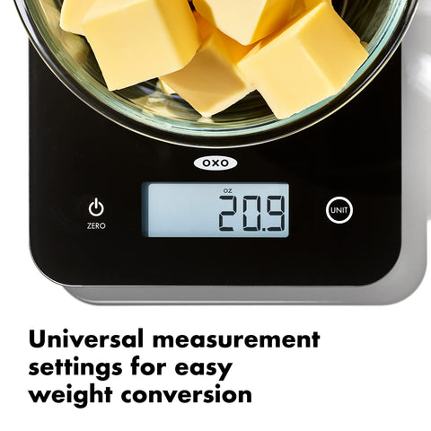 OXO Good Grips scale ships with four AAA batteries for immediate use.
