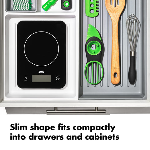 OXO Good Grips tare function simplifies incremental weighing for recipes.