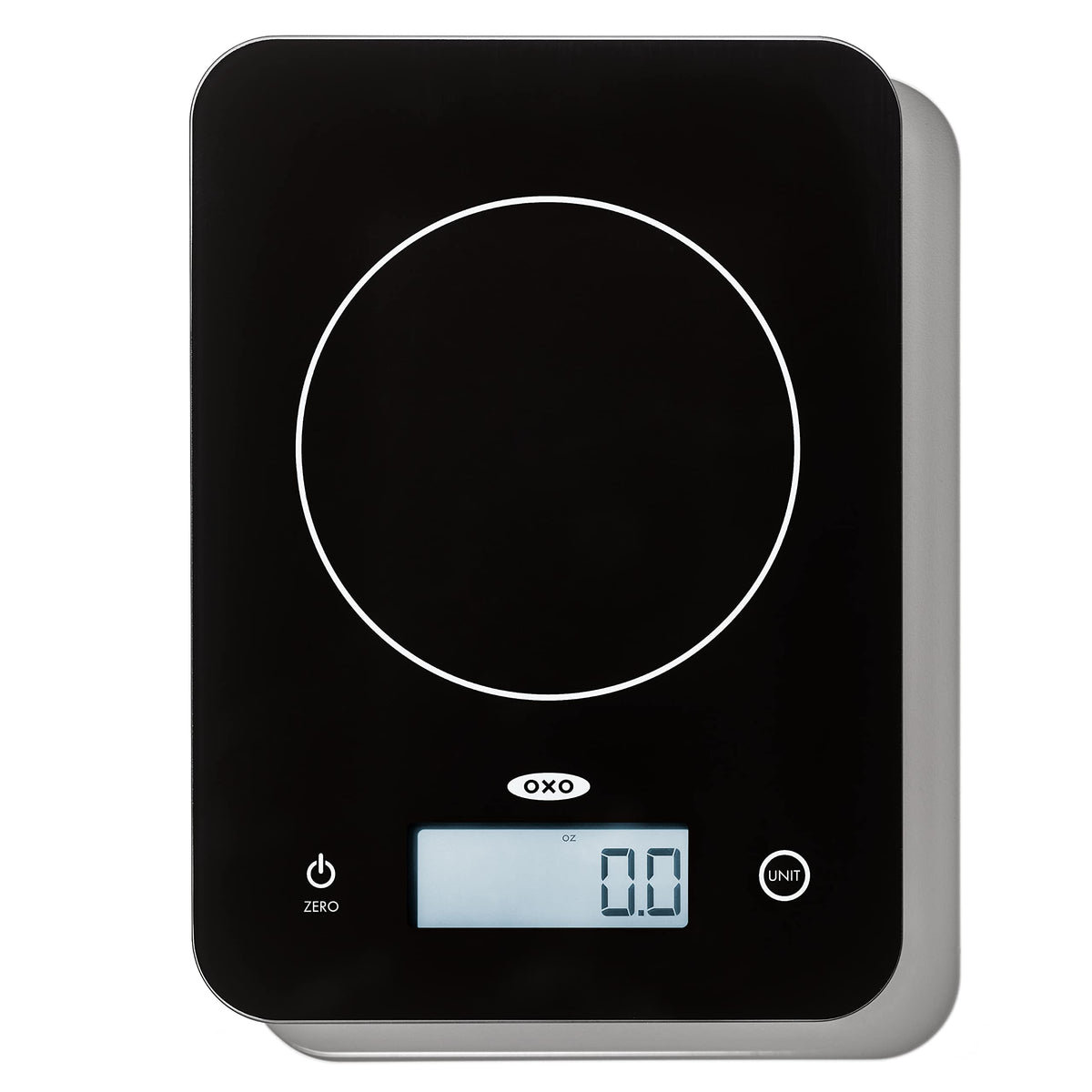 OXO Good Grips glass scale top view perfect for compact kitchen spaces.
