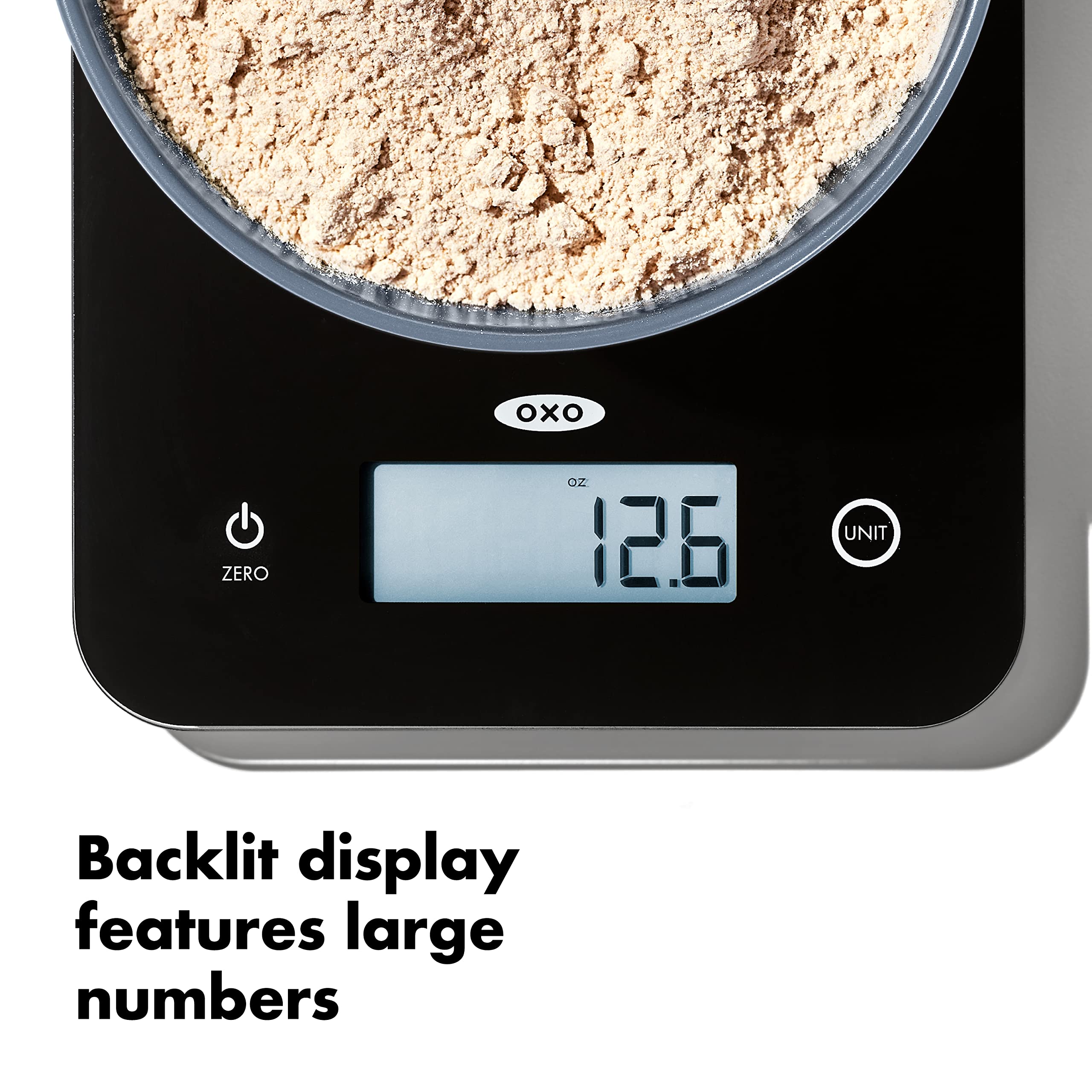 OXO Good Grips unit conversion supports oz lb g kg for flexible measuring.