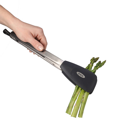 OXO Good Grips flat-head silicone tongs glide under foods smoothly.