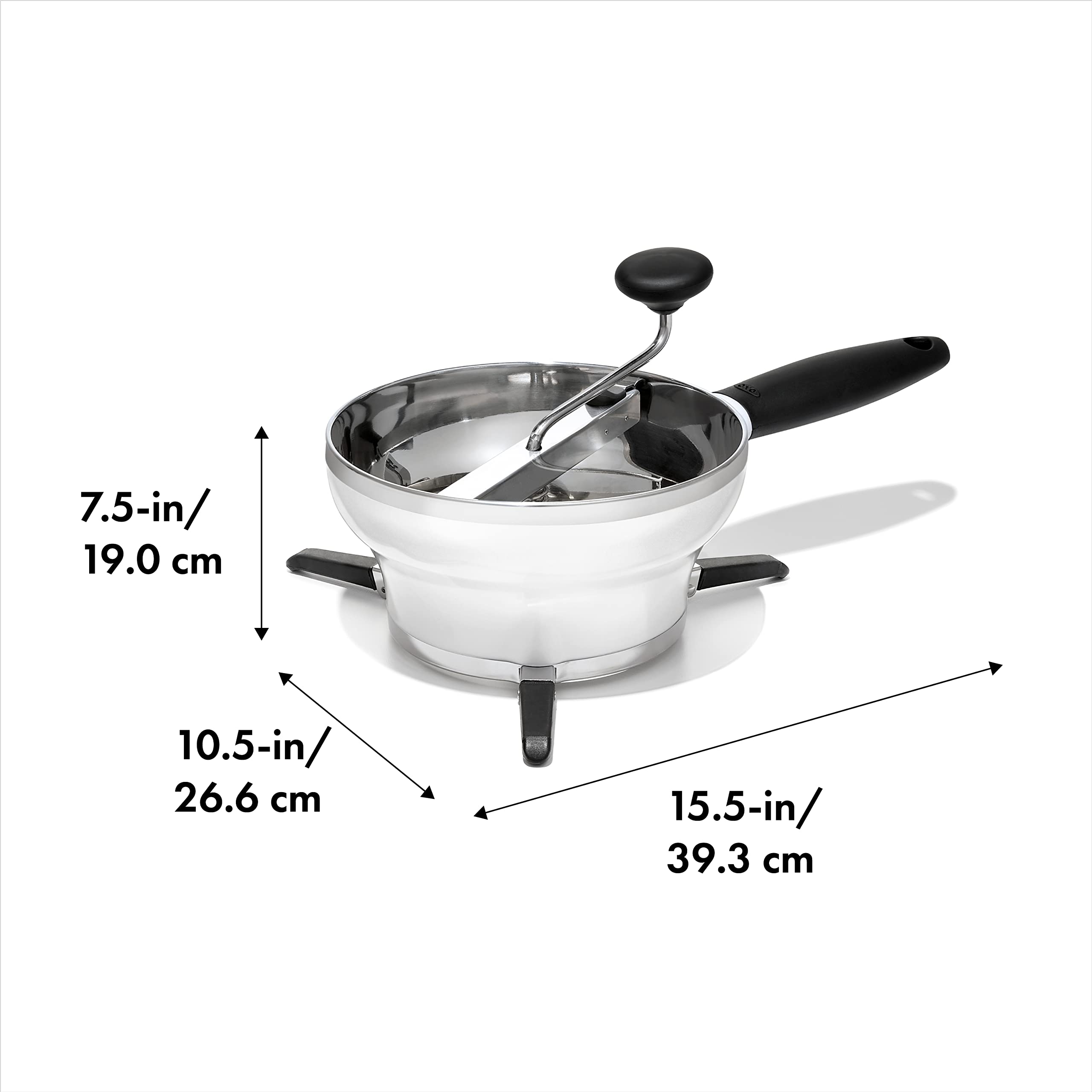 OXO food mill with discs set shows fine, medium, and coarse textures.