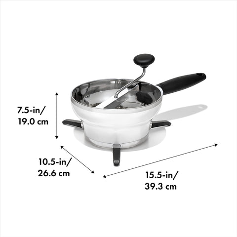 OXO food mill with discs set shows fine, medium, and coarse textures.