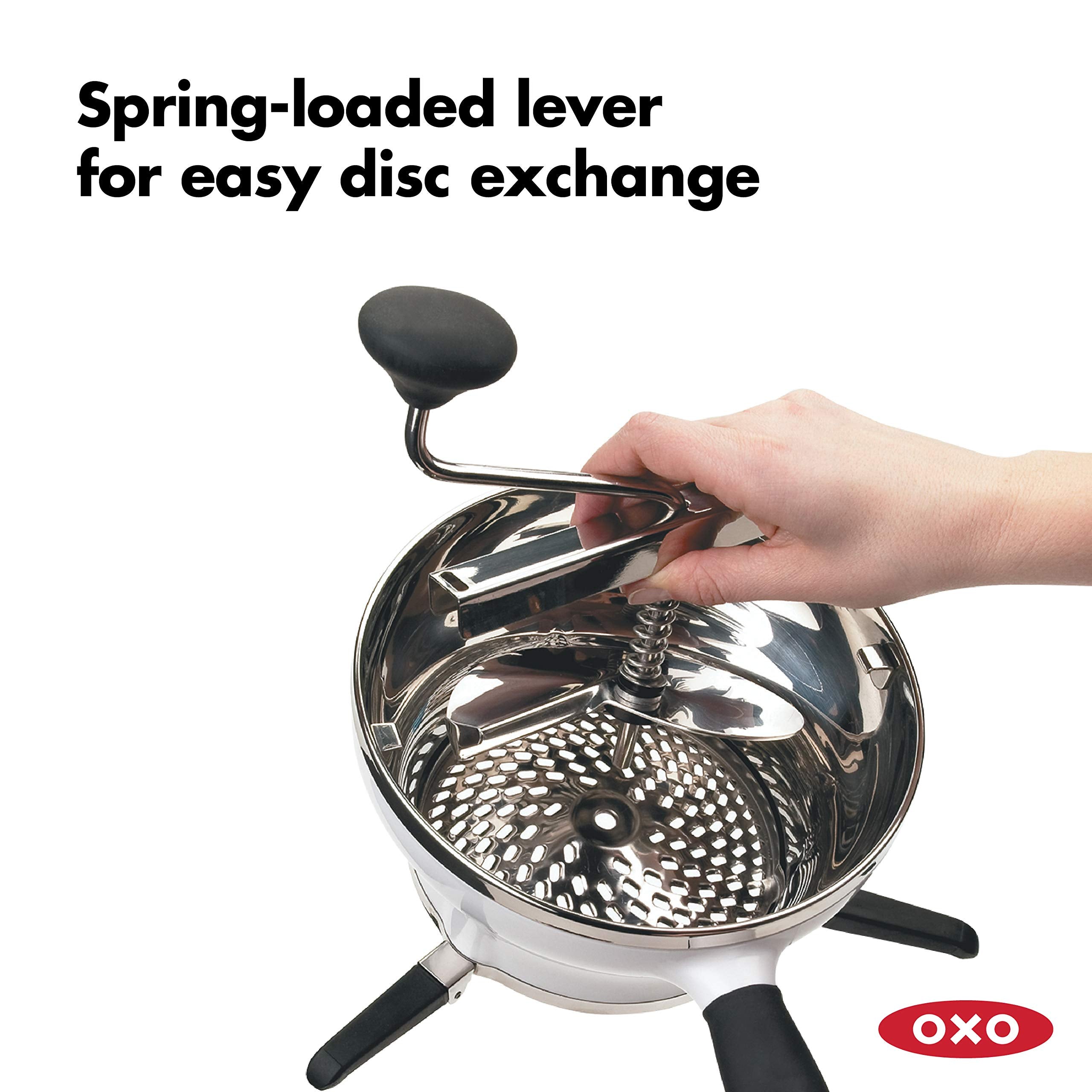 OXO food mill handle and knob provide comfortable grip.
