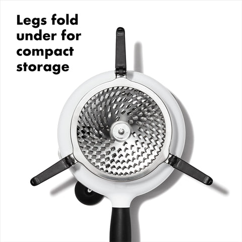 OXO Food Mill over 11-inch pot with non-slip legs.