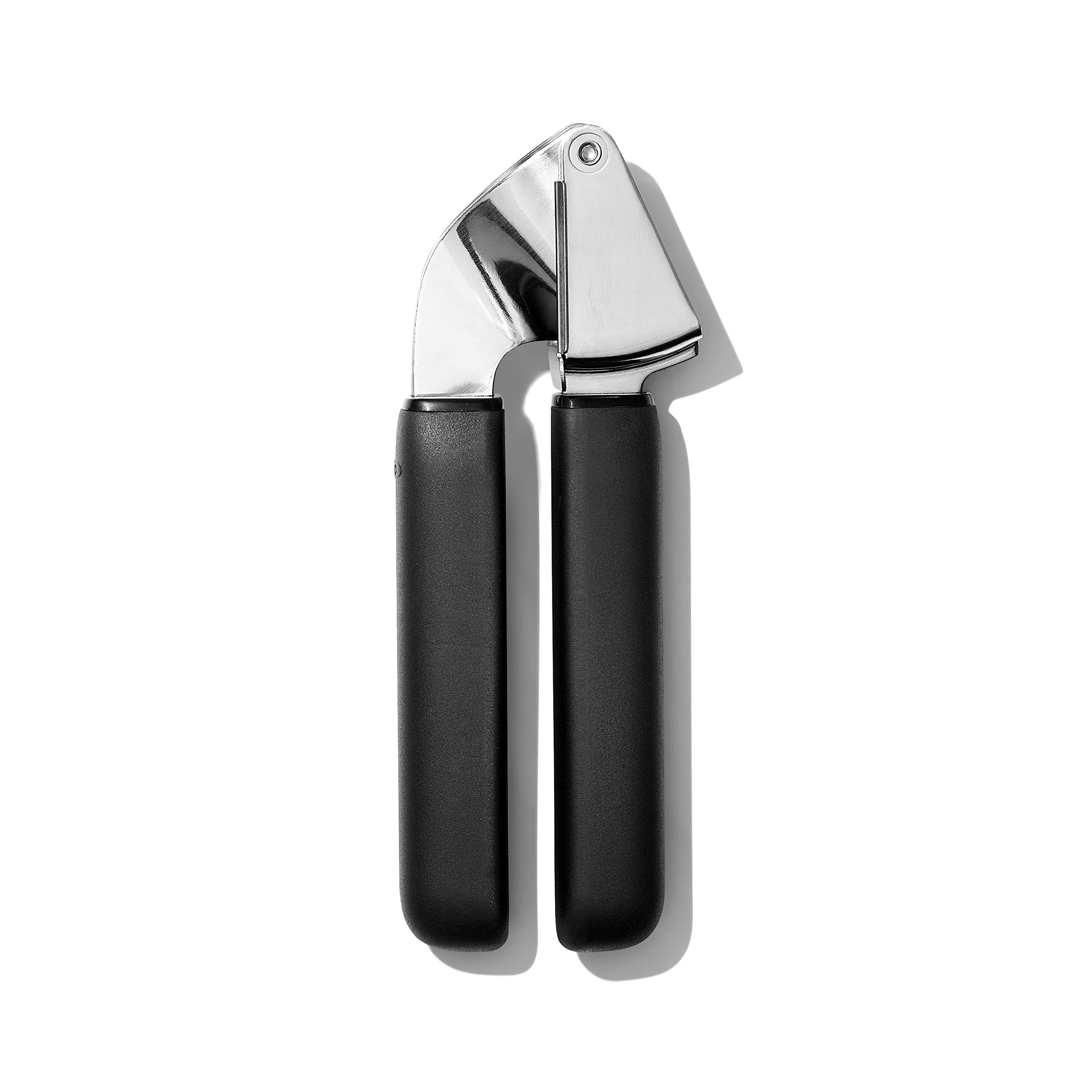 OXO Good Grips garlic press front view shows sturdy stainless steel design for easy crushing