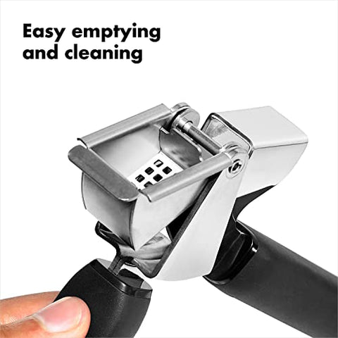 OXO Good Grips garlic press hopper close-up highlighting large capacity for multiple cloves
