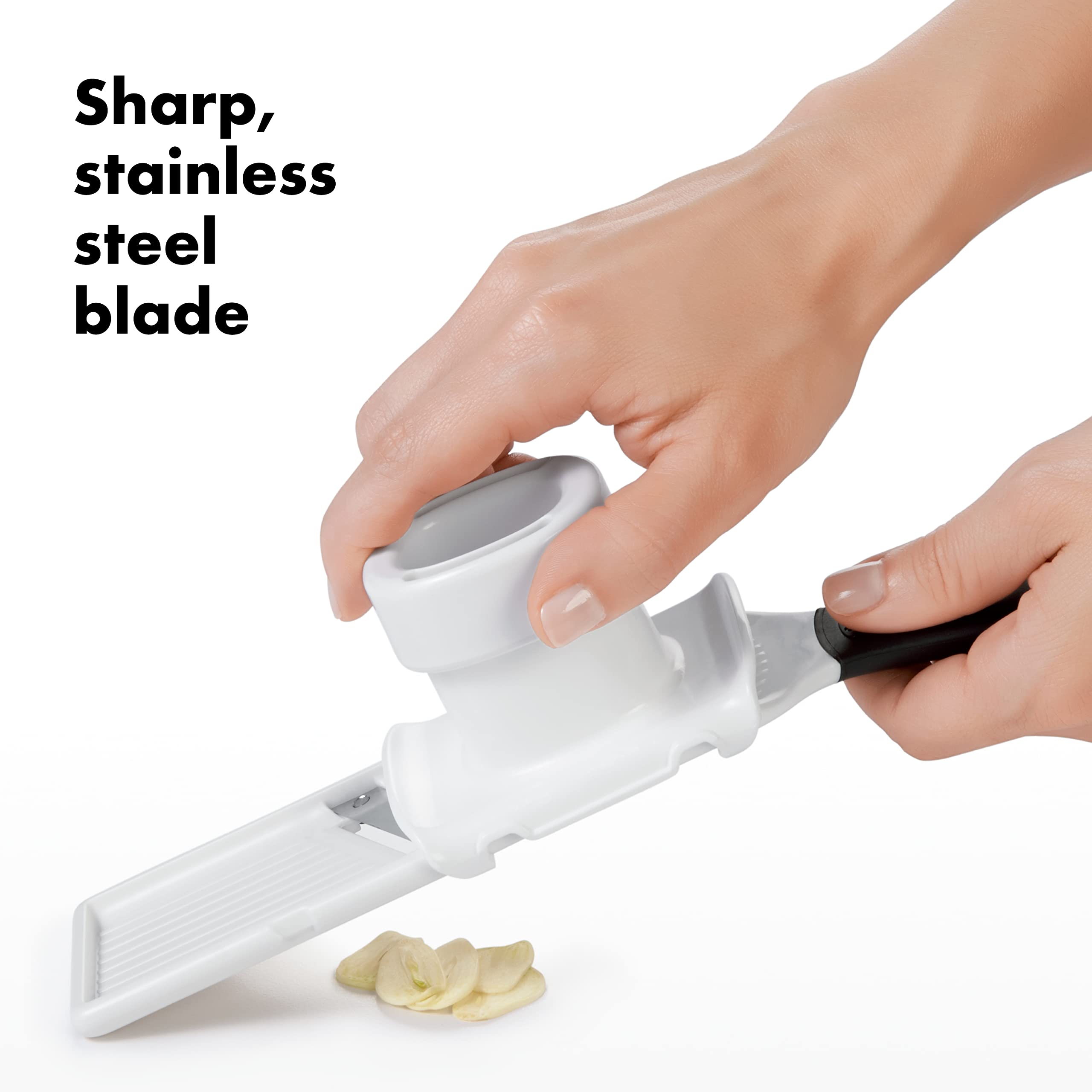 OXO Good Grips garlic slicer textured ramp prevents sticking for smooth prep.