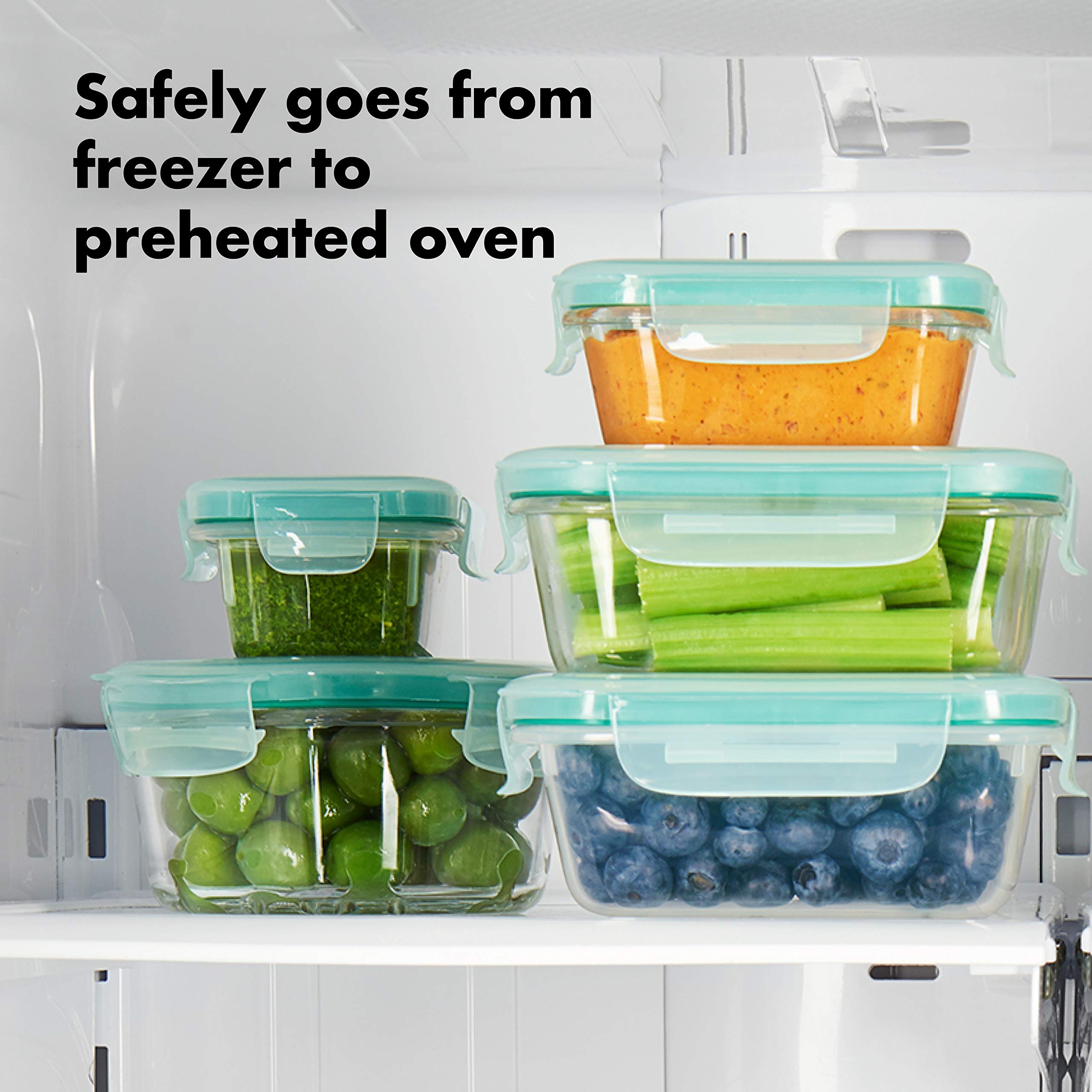 OXO glass container stack-and-nest for compact fridge storage.
