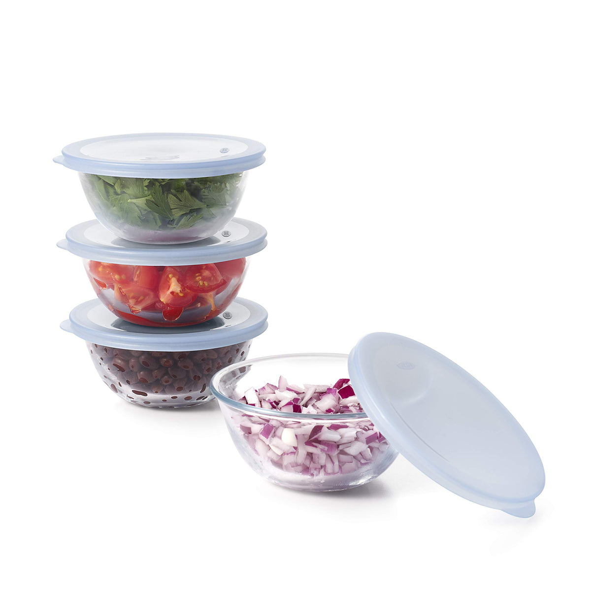 OXO Good Grips glass prep bowls for mise en place with clear visibility and precise measuring
