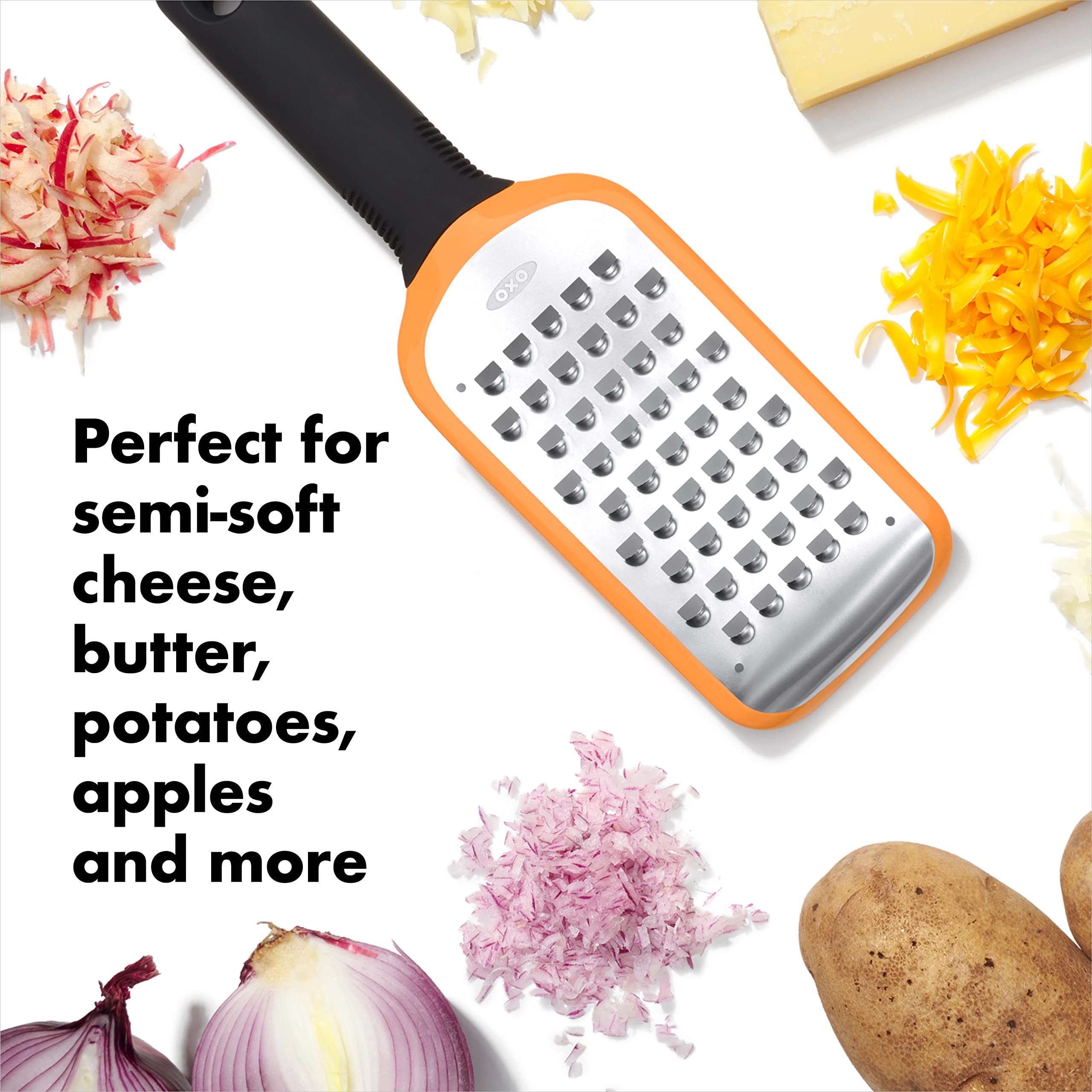 OXO Good Grips grater in use grating potatoes for hash or toppings