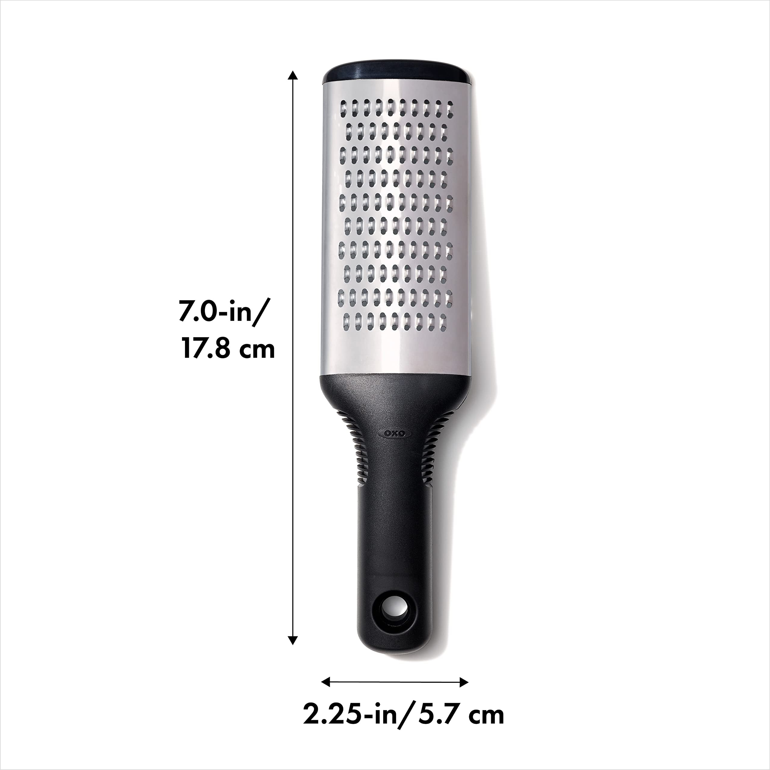 OXO Good Grips Grater shows soft non-slip handle for comfortable grating sessions.