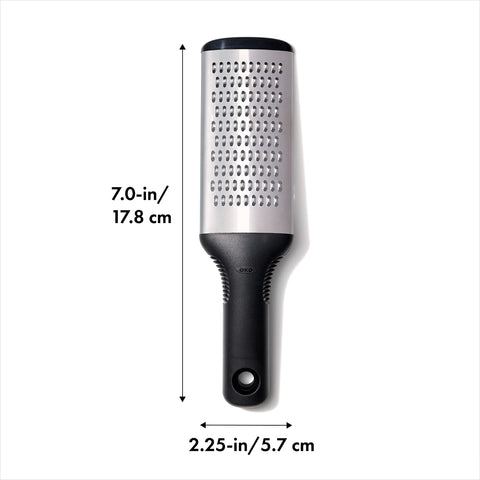 OXO Good Grips Grater shows soft non-slip handle for comfortable grating sessions.