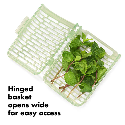 OXO Greensaver stores on fridge shelf or door, saving kitchen space