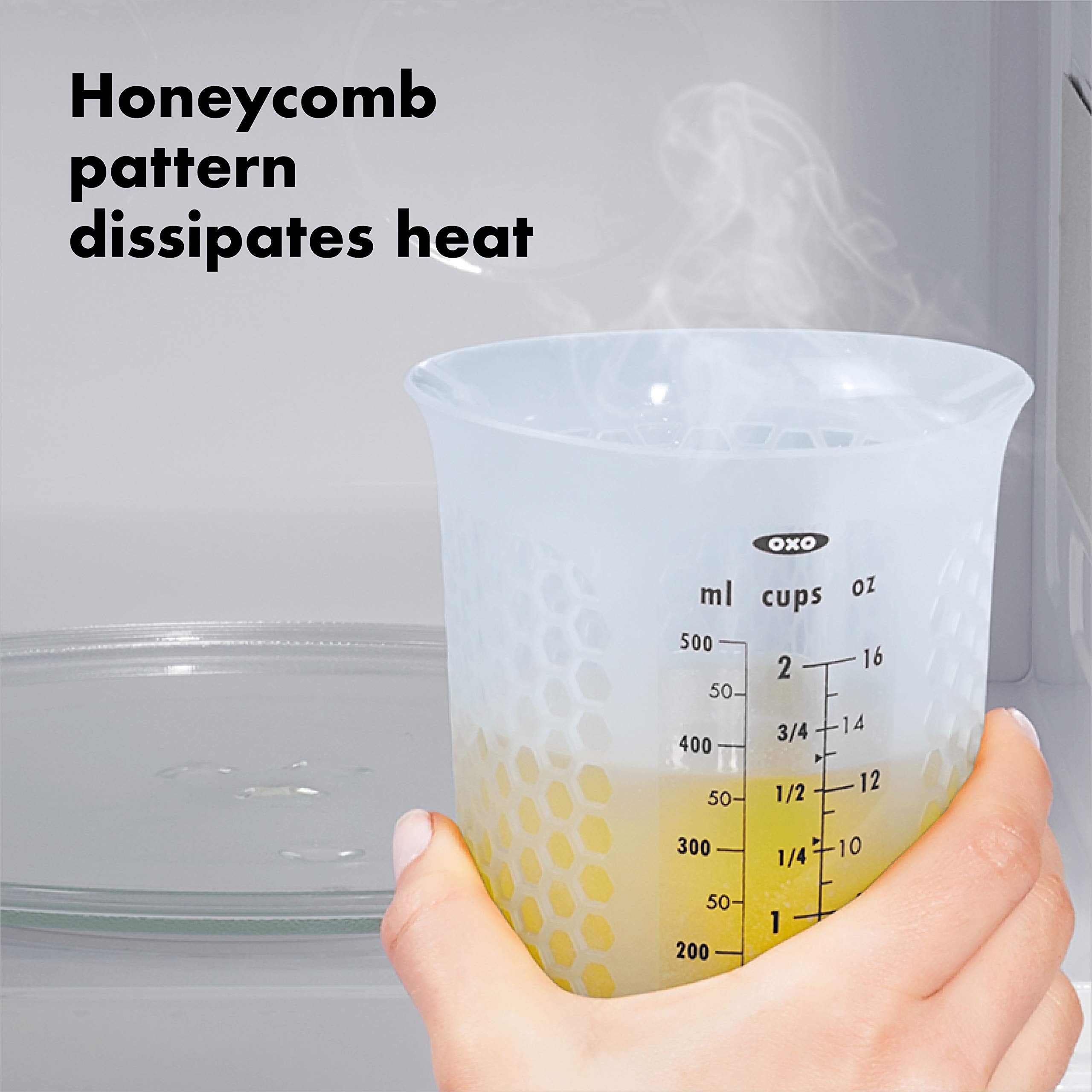 OXO Good Grips honeycomb-pattern outer wall protects hands during use.