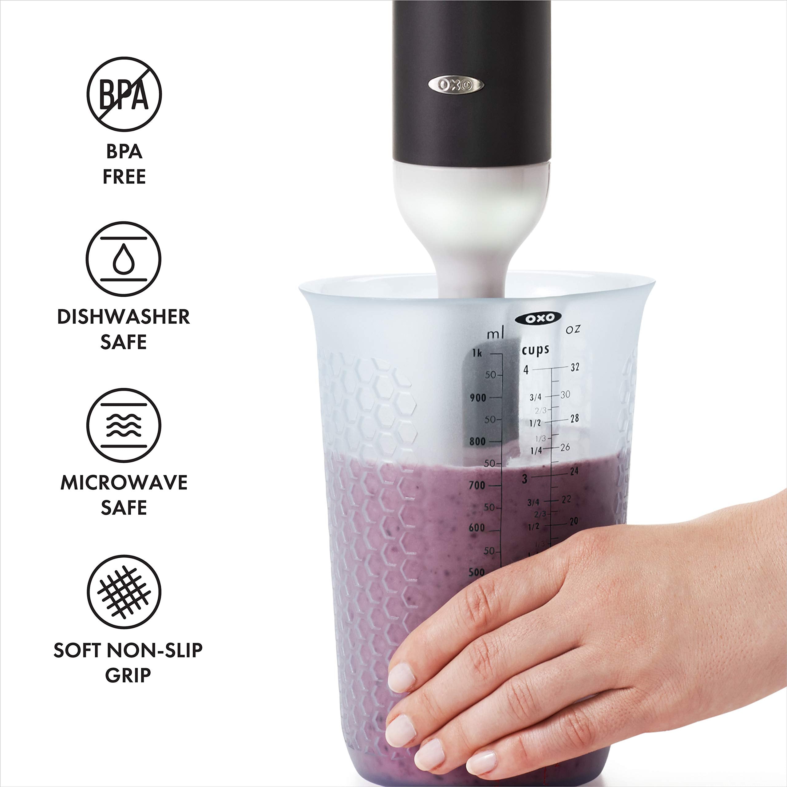 OXO Good Grips immersion-blender friendly cup fits into bowls.