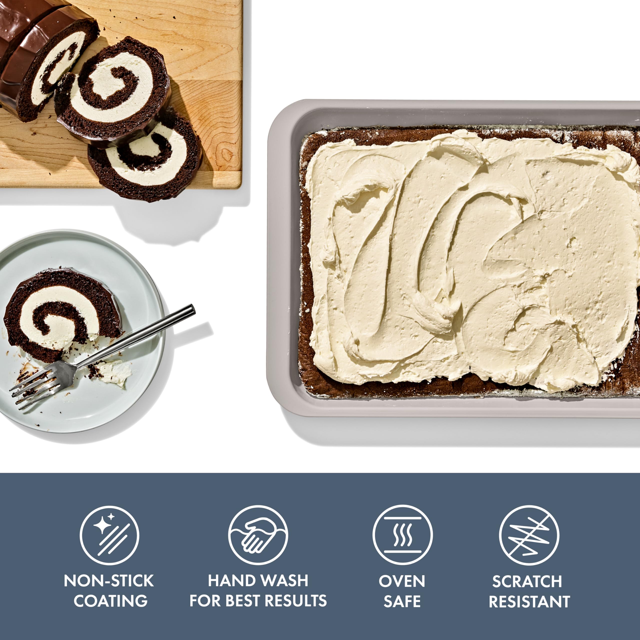 Storm blue OXO jelly roll pan emphasizes even browning and simple cleanup