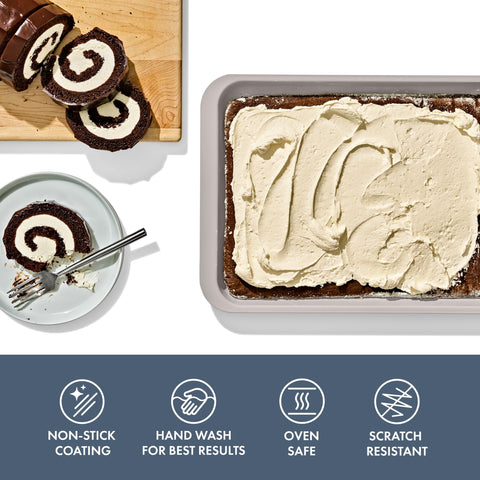 Storm blue OXO jelly roll pan emphasizes even browning and simple cleanup