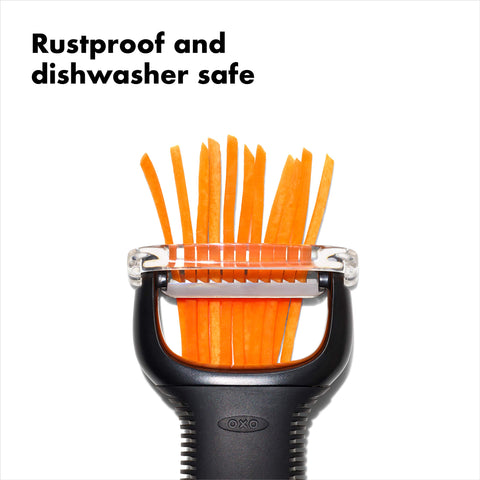 Garnish prep with crisp julienne strips using the OXO peeler