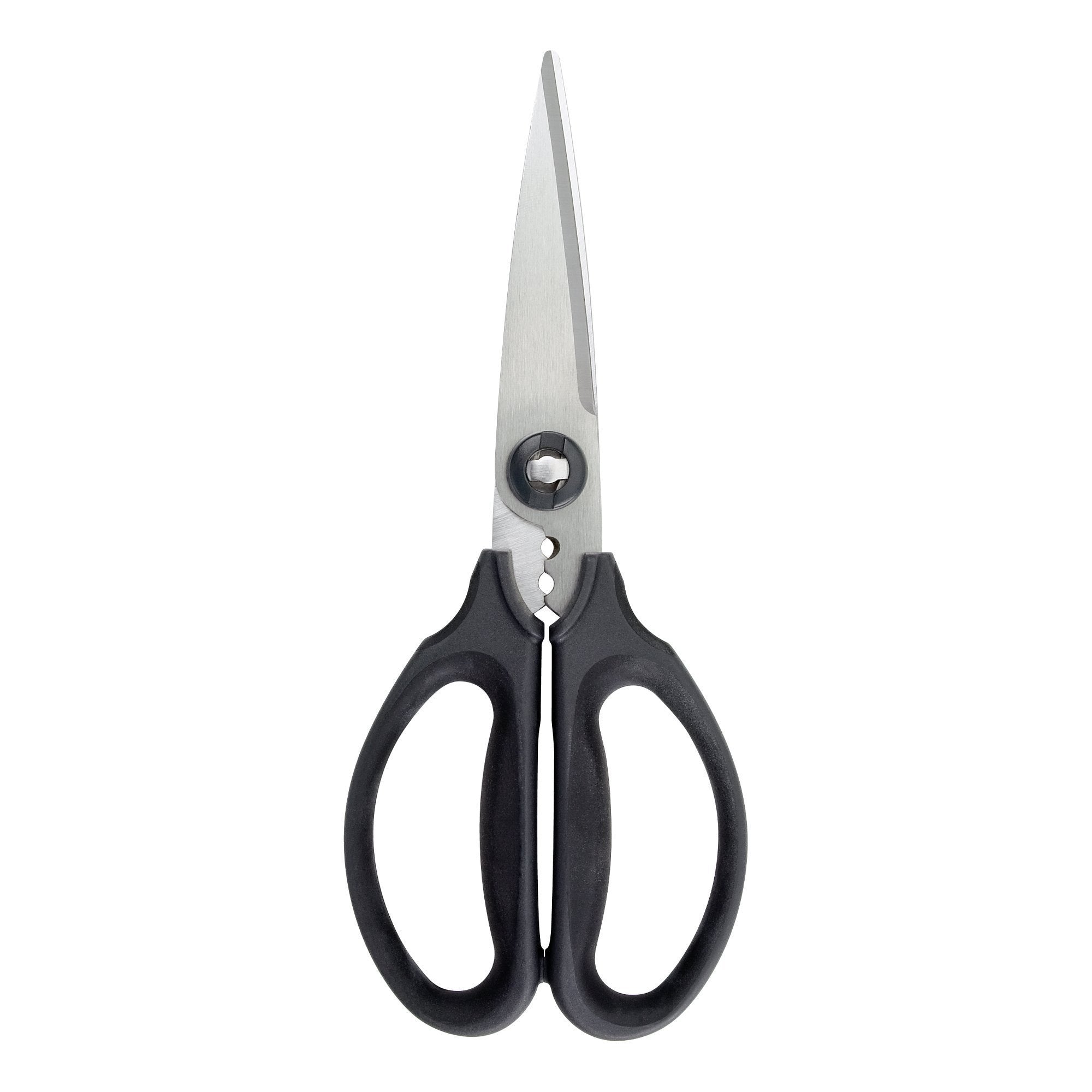 OXO Good Grips kitchen scissors with blades open for versatile cutting tasks in kitchens.