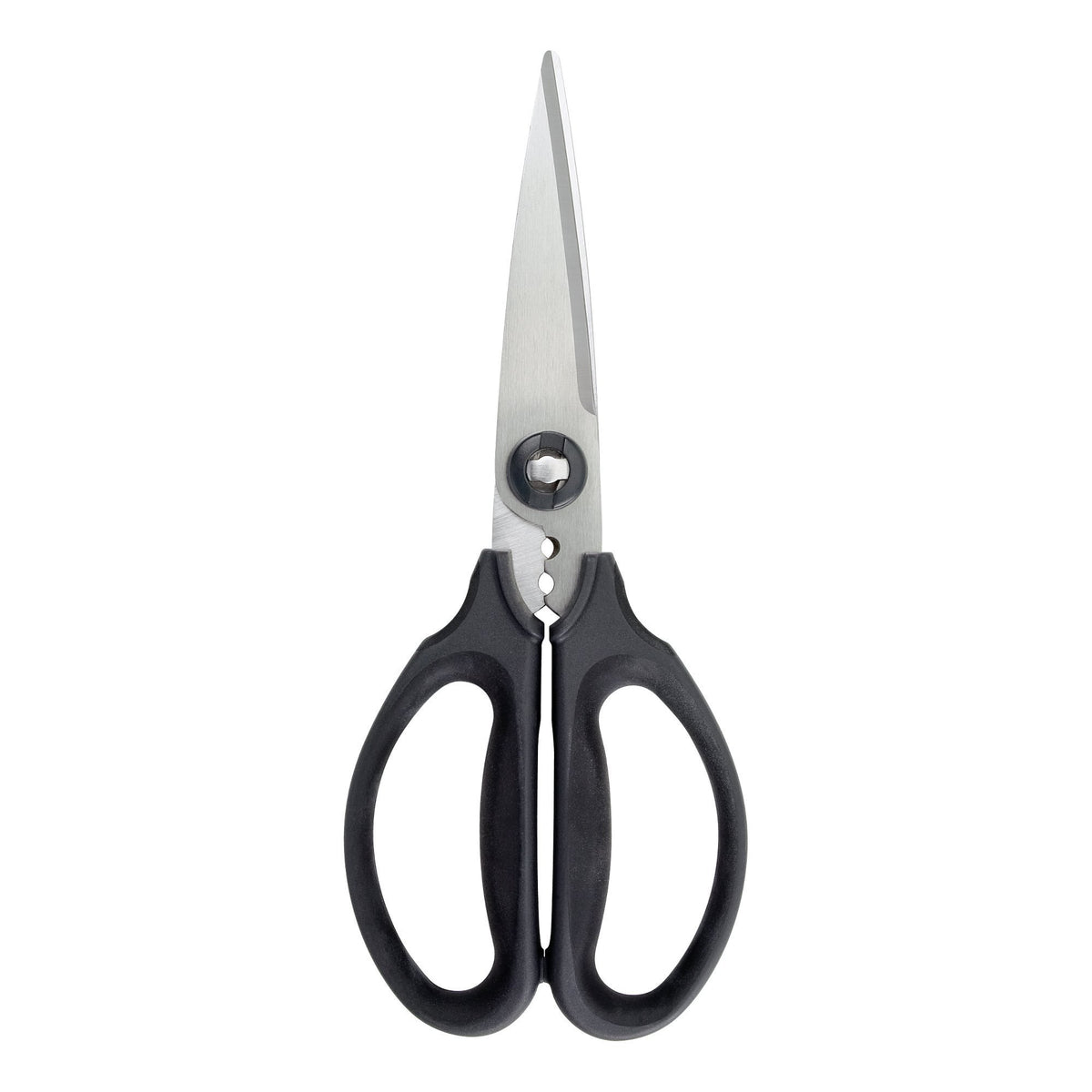 OXO Good Grips kitchen scissors with blades open for versatile cutting tasks in kitchens.