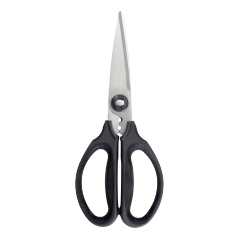OXO Good Grips kitchen scissors with blades open for versatile cutting tasks in kitchens.