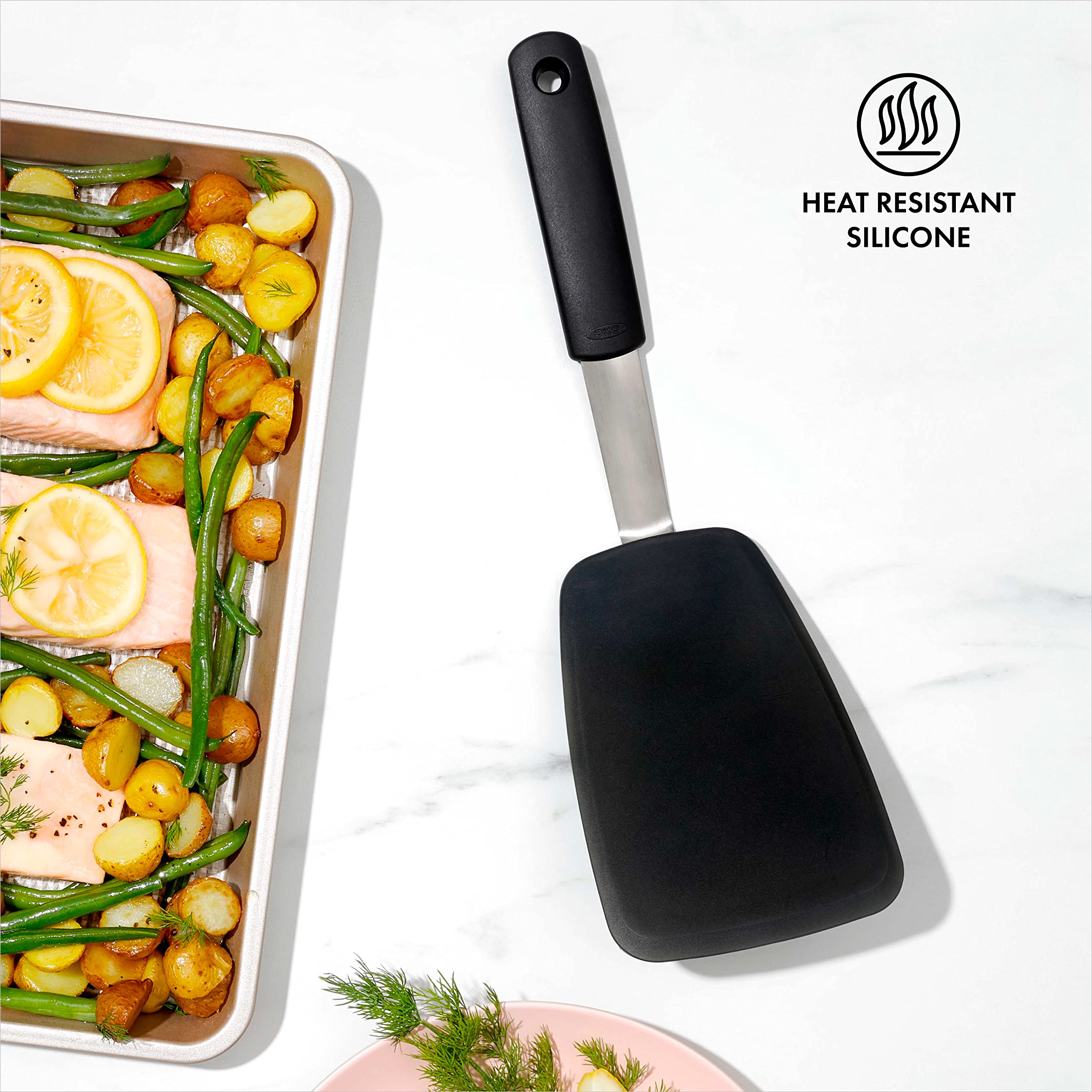 OXO Good Grips Turner features heat-resistant silicone and flexible stainless steel