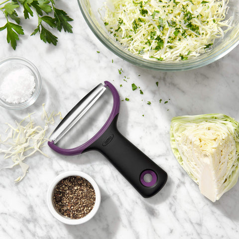 OXO Good Grips large Y-peeler peeling eggplant smoothly