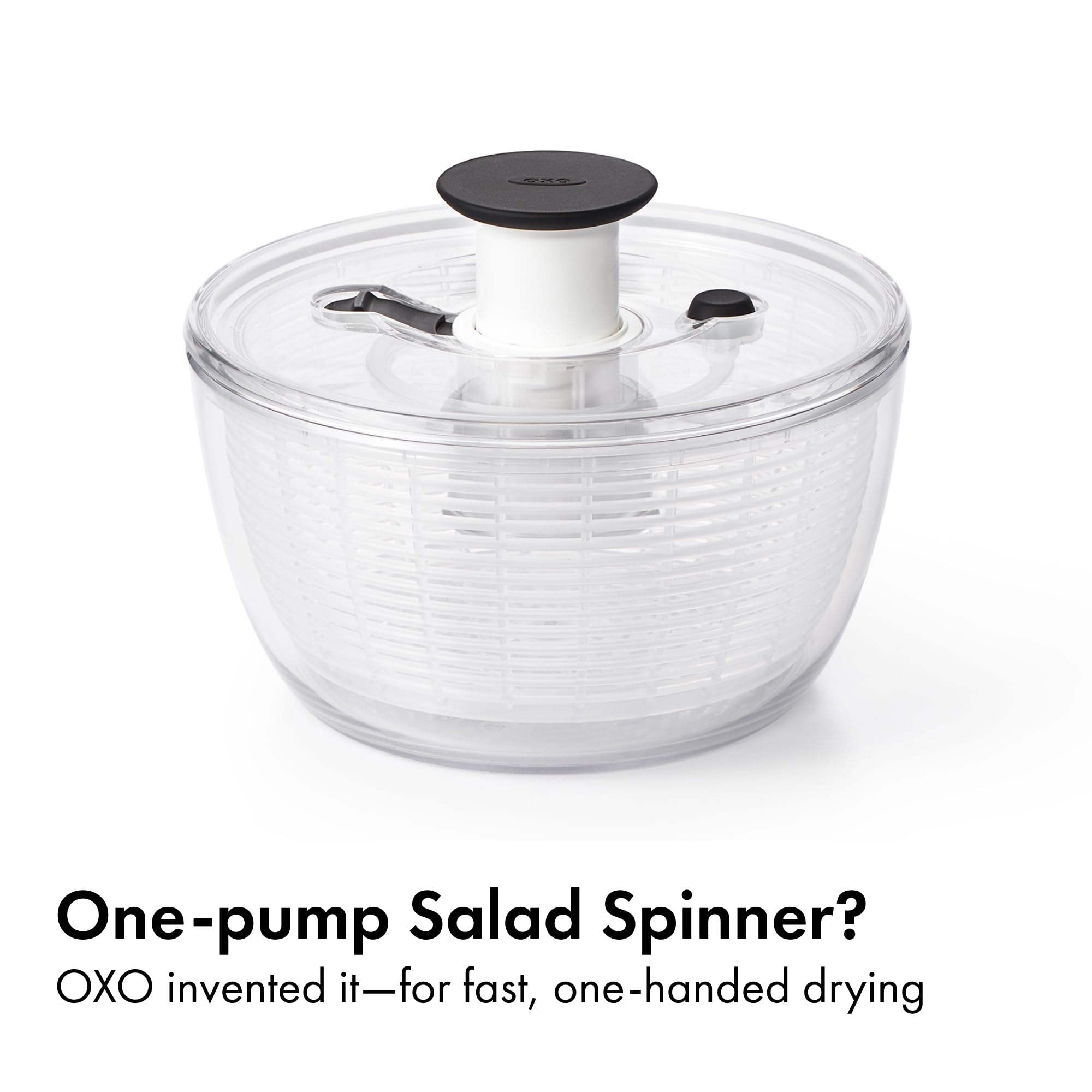 OXO Good Grips spinner shows brake button for easy unloading after washing greens.