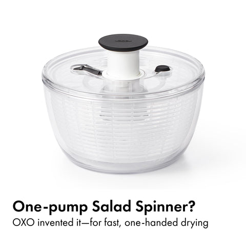 OXO Good Grips spinner shows brake button for easy unloading after washing greens.