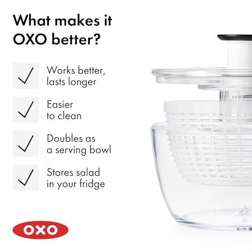 OXO Good Grips spinner is top-rack dishwasher safe for easy cleanup.