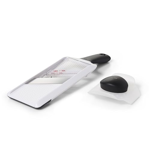 OXO mandoline showing 2.5 mm slice setting for uniform slices