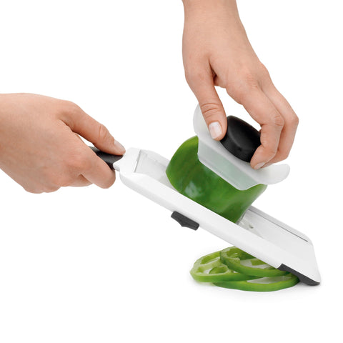 Bowl-hook option shown on OXO mandoline for flexible prep