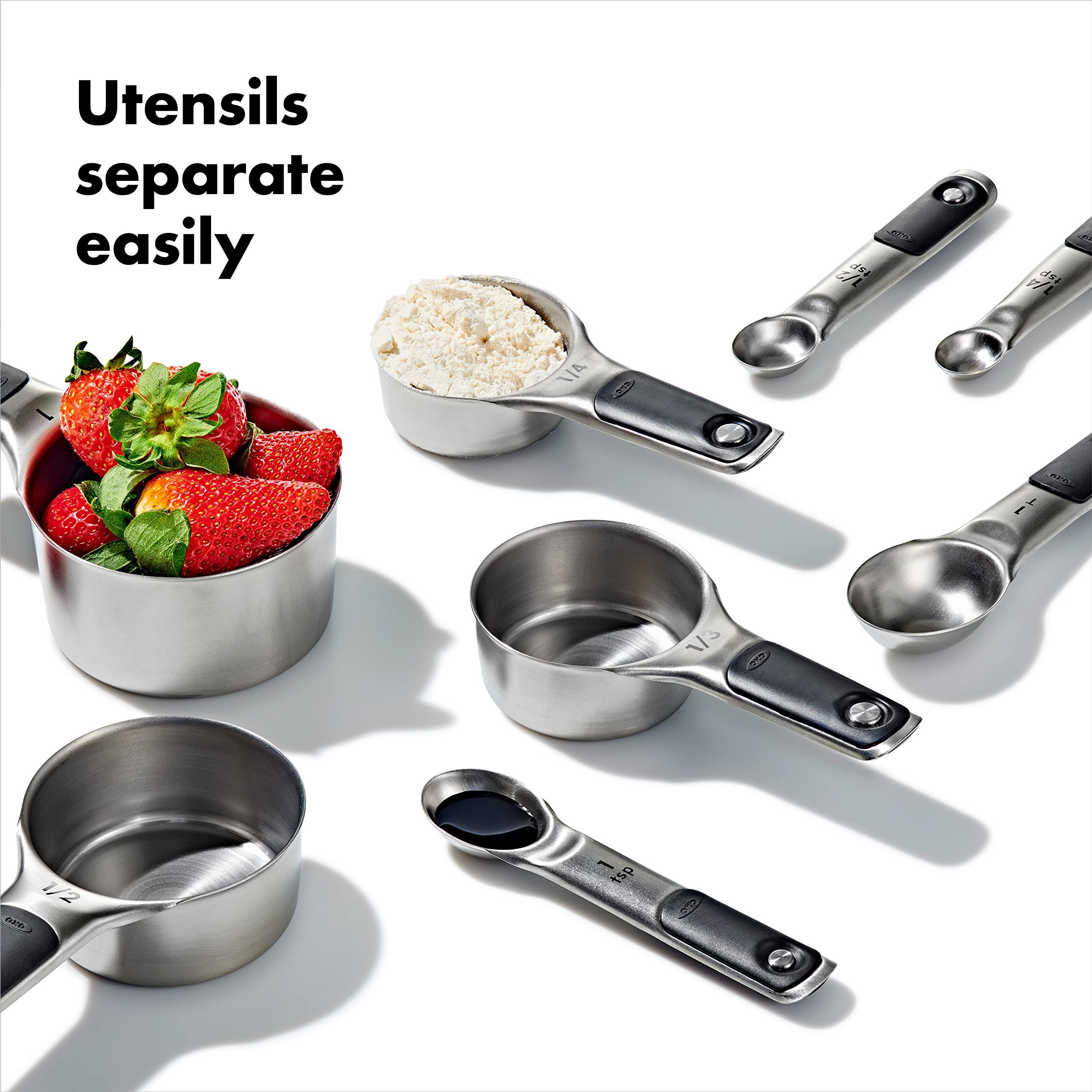 OXO Good Grips 1/2-cup stainless steel measuring cup for consistent scoops.