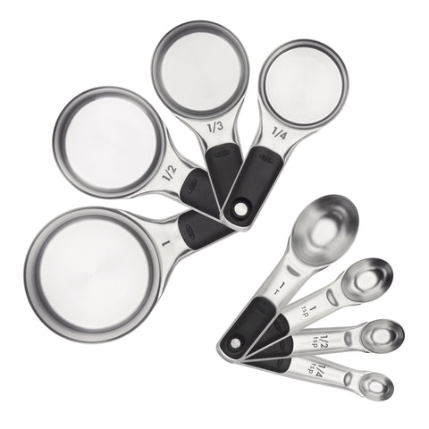 OXO Good Grips 1-cup stainless steel measuring cup with permanent etched markings.