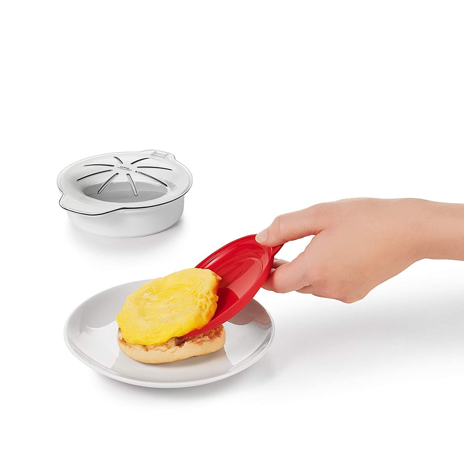 OXO Good Grips Microwave Egg Cooker 2-pack curved-bottom centers yolk for fried eggs.