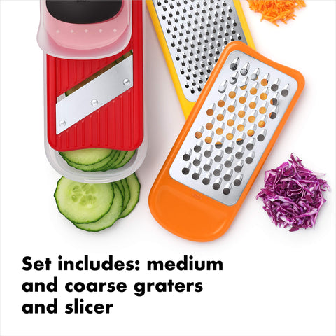 OXO Good Grips Mini Grate & Slice Set coarse-grater for semi-soft cheeses and onions.