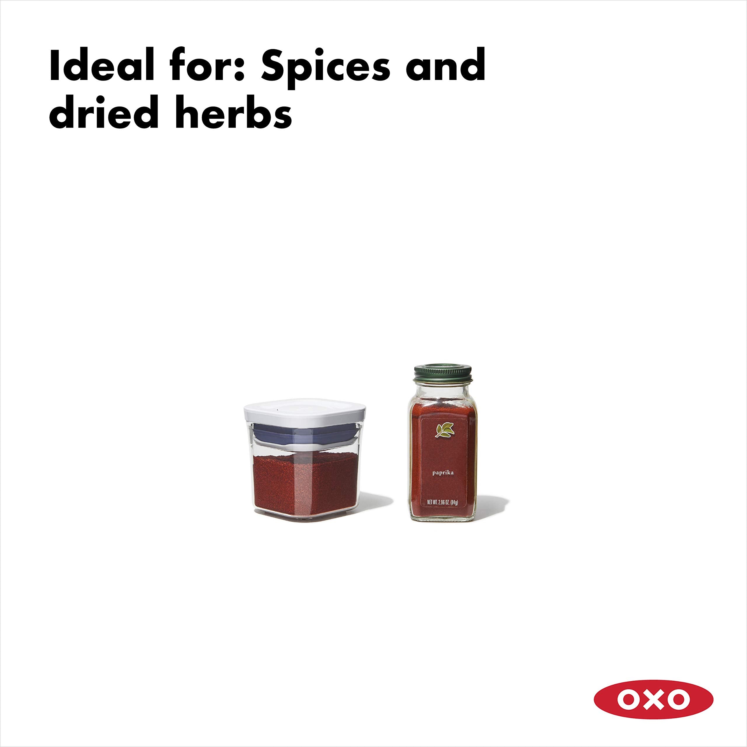 OXO Good Grips Mini POP stackable design saves cabinet space and speeds access.