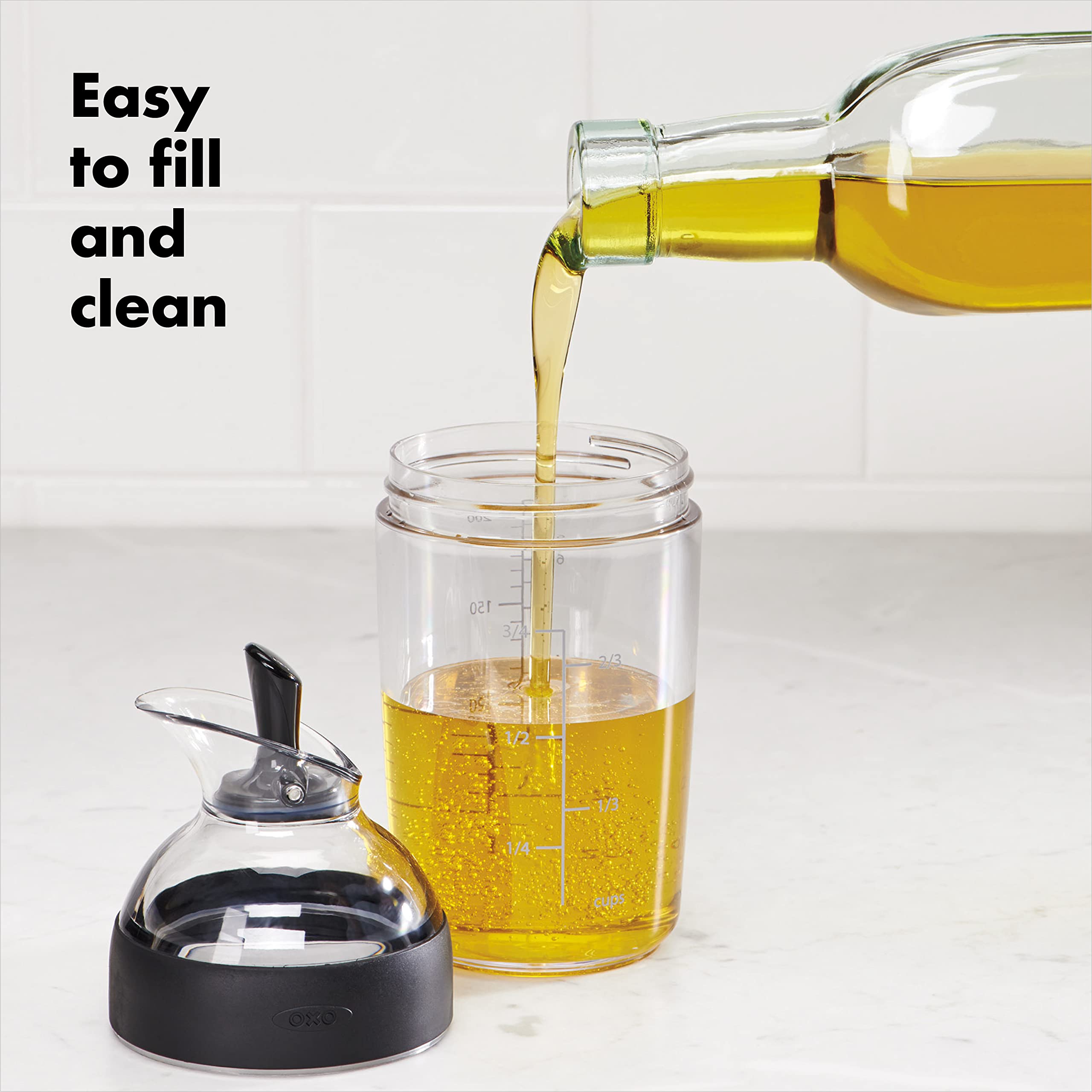 One-handed lever flips back to pour for quick serving.