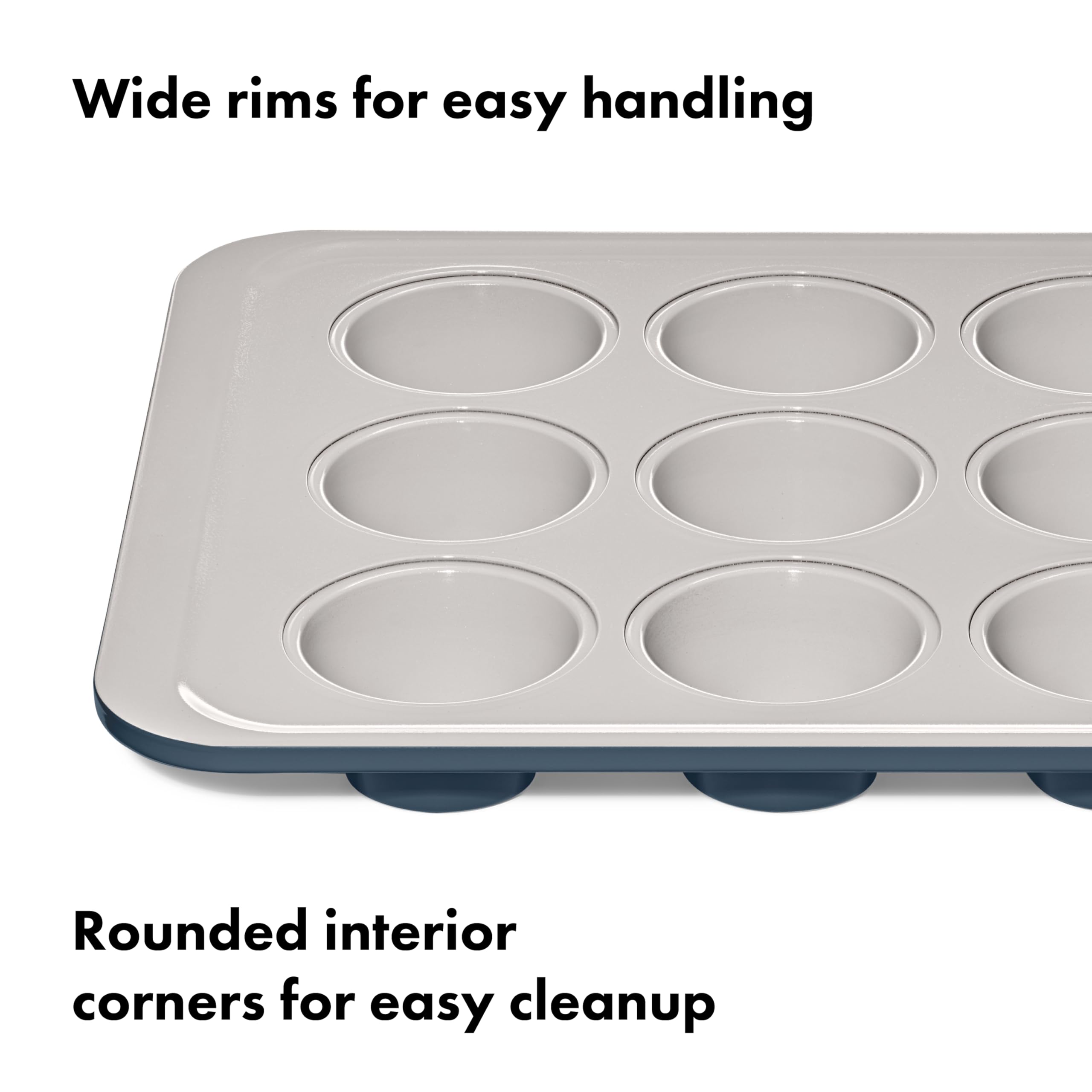OXO Good Grips muffin pan storm blue with top surface dimension markings