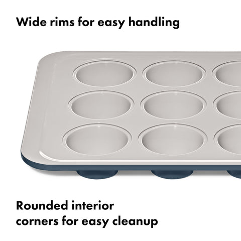 OXO Good Grips muffin pan storm blue with top surface dimension markings