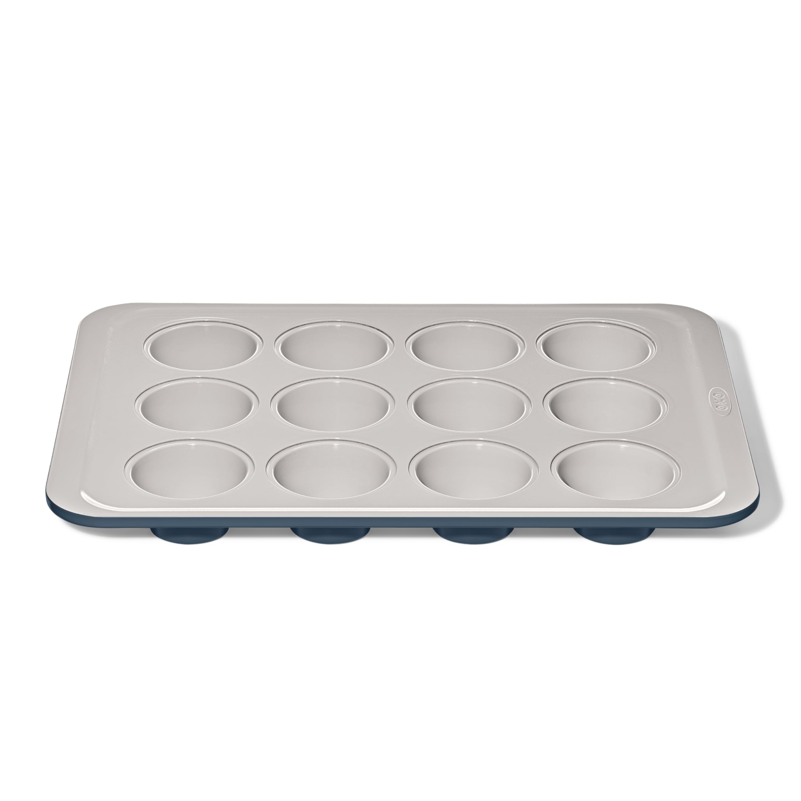 OXO Good Grips muffin pan in storm blue, top view showing even browning potential