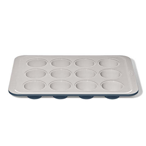 OXO Good Grips muffin pan in storm blue, top view showing even browning potential