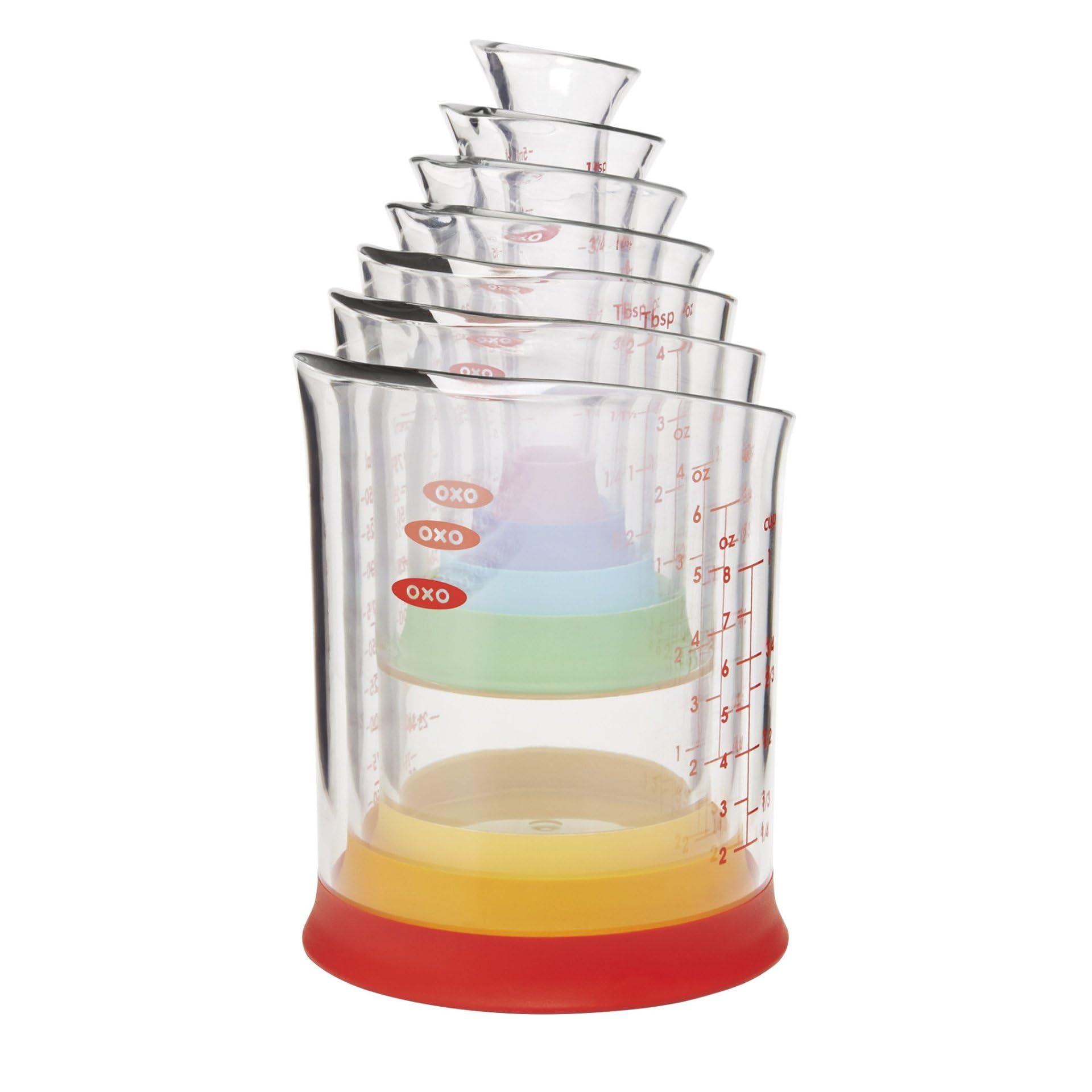 OXO Good Grips nesting beaker set shown stacked to save space.