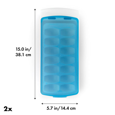 OXO no-spill ice cube tray angled storage for freezer placement