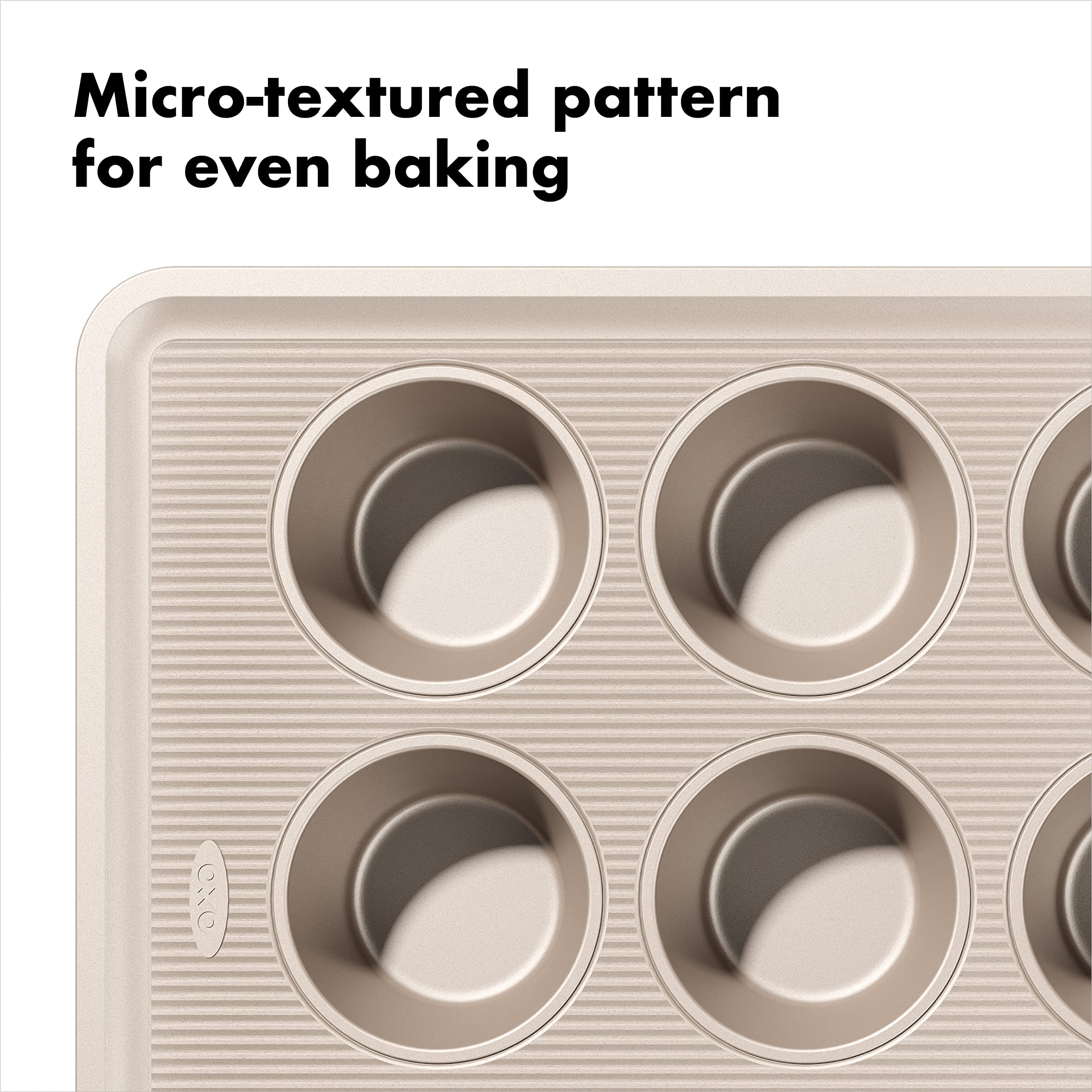 OXO Good Grips Non-Stick Pro muffin pan ceramic-reinforced coating detail highlights easy food release.