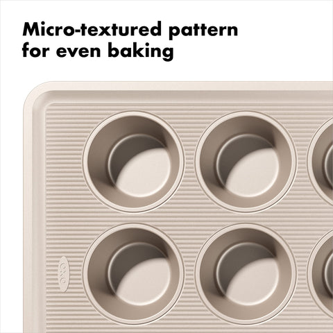 OXO Good Grips Non-Stick Pro muffin pan ceramic-reinforced coating detail highlights easy food release.