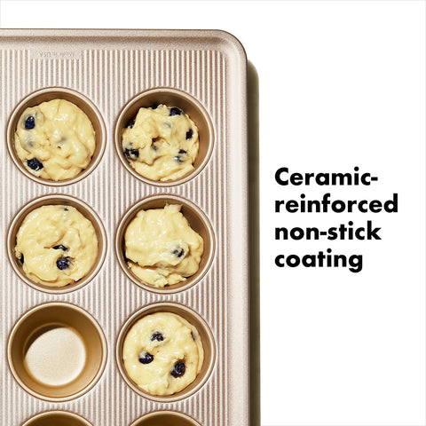 OXO Good Grips Non-Stick Pro muffin pan even heat construction for uniform baking.