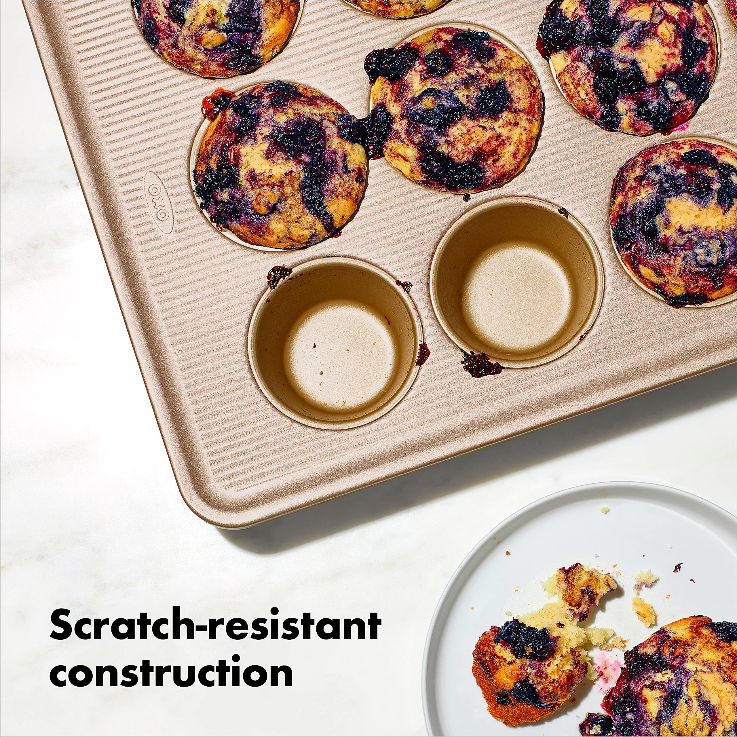 OXO Good Grips Non-Stick Pro muffin pan micro textured pattern promotes airflow.